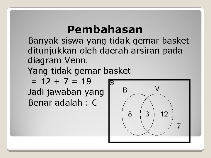 Pembahasan Banyak siswa yang tidak gemar basket ditunjukkan oleh daerah arsiran pada diagram Venn.