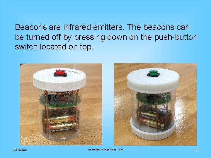 Beacons are infrared emitters. The beacons can be turned off by pressing down on