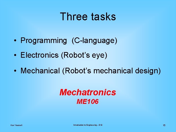 Three tasks • Programming (C-language) • Electronics (Robot’s eye) • Mechanical (Robot’s mechanical design)