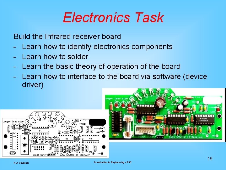 Electronics Task Build the Infrared receiver board - Learn how to identify electronics components