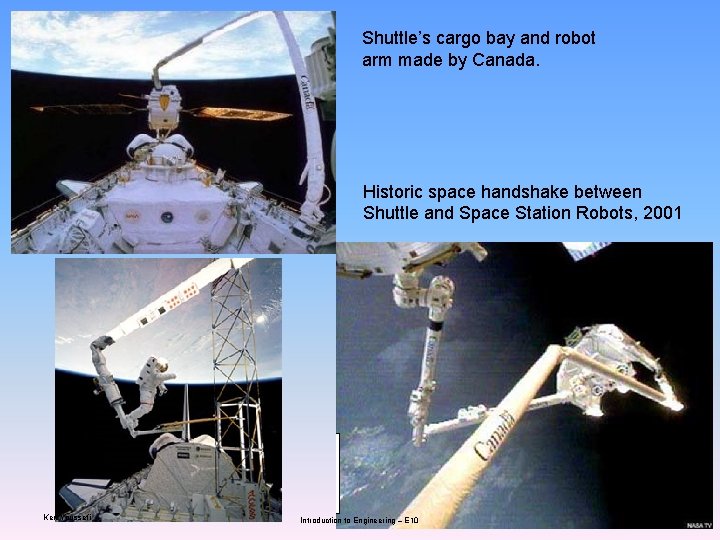 Shuttle’s cargo bay and robot arm made by Canada. Historic space handshake between Shuttle