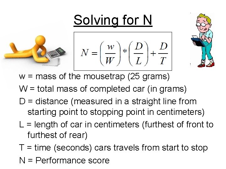 Solving for N w = mass of the mousetrap (25 grams) W = total