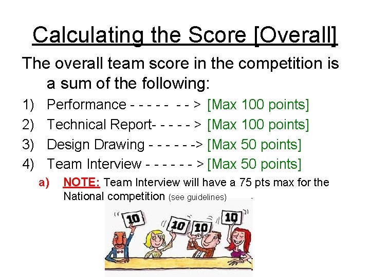 Calculating the Score [Overall] The overall team score in the competition is a sum