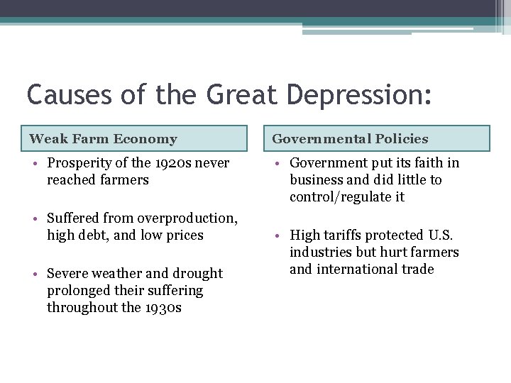 Causes of the Great Depression: Weak Farm Economy Governmental Policies • Prosperity of the