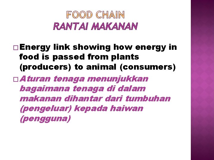 RANTAI MAKANAN � Energy link showing how energy in food is passed from plants