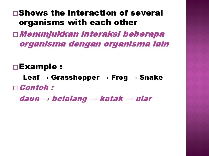 � Shows the interaction of several organisms with each other � Menunjukkan interaksi beberapa