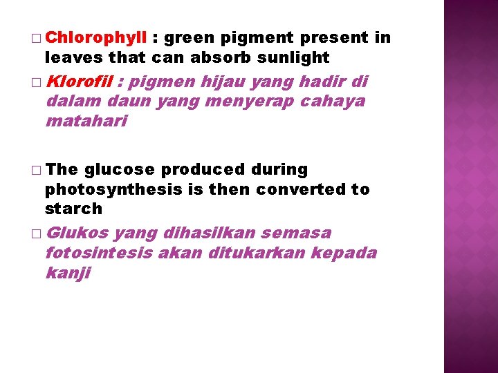 � Chlorophyll : green pigment present in leaves that can absorb sunlight � Klorofil