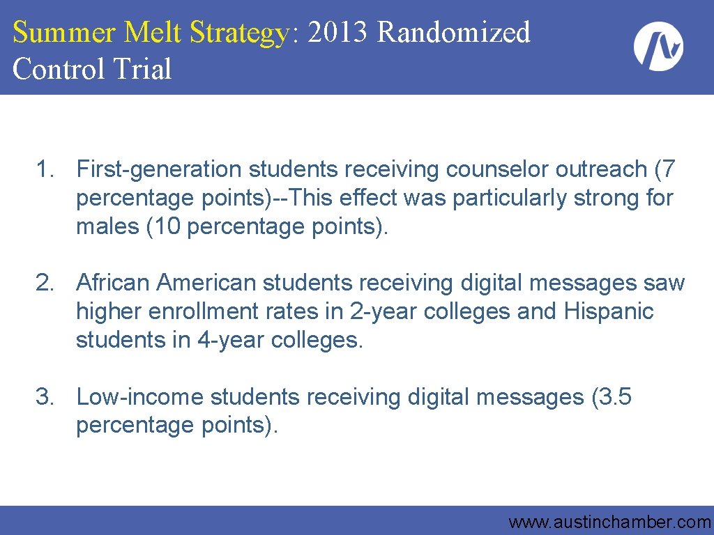 Summer Melt Strategy: 2013 Randomized Control Trial 1. First-generation students receiving counselor outreach (7