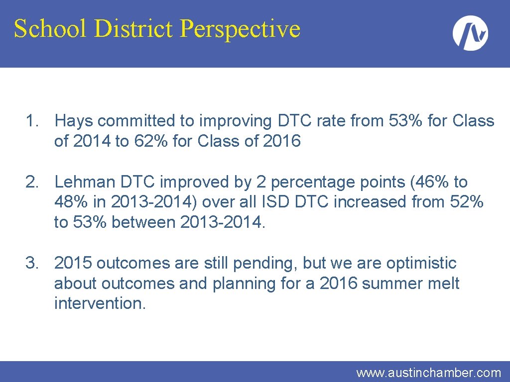 School District Perspective 1. Hays committed to improving DTC rate from 53% for Class