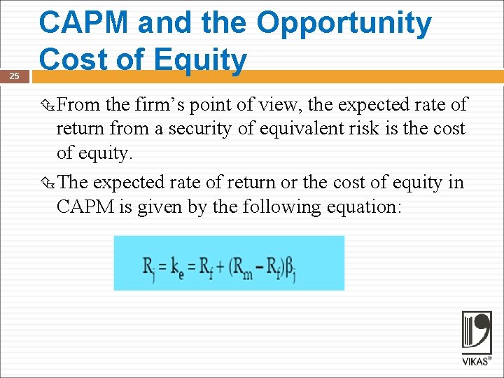 25 CAPM and the Opportunity Cost of Equity From the firm’s point of view,