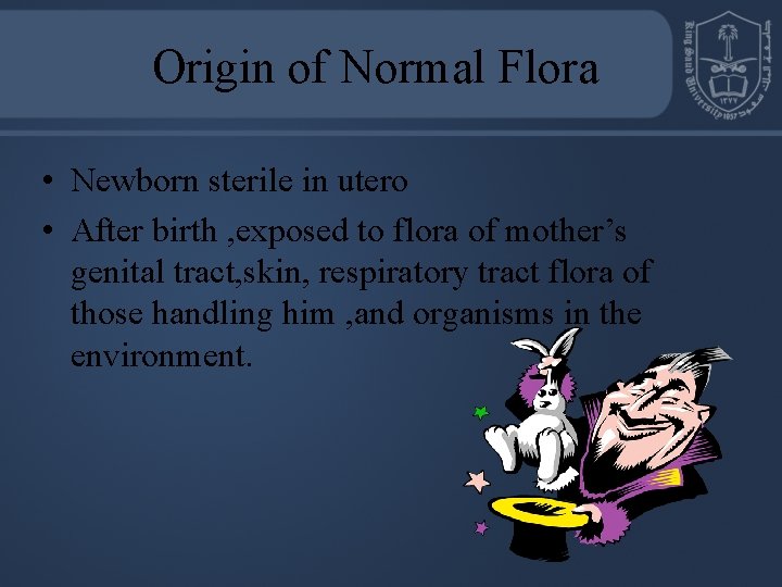 Origin of Normal Flora • Newborn sterile in utero • After birth , exposed
