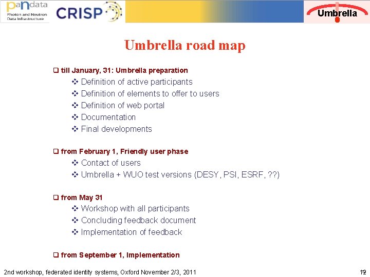 Umbrella road map q till January, 31: Umbrella preparation v Definition of active participants