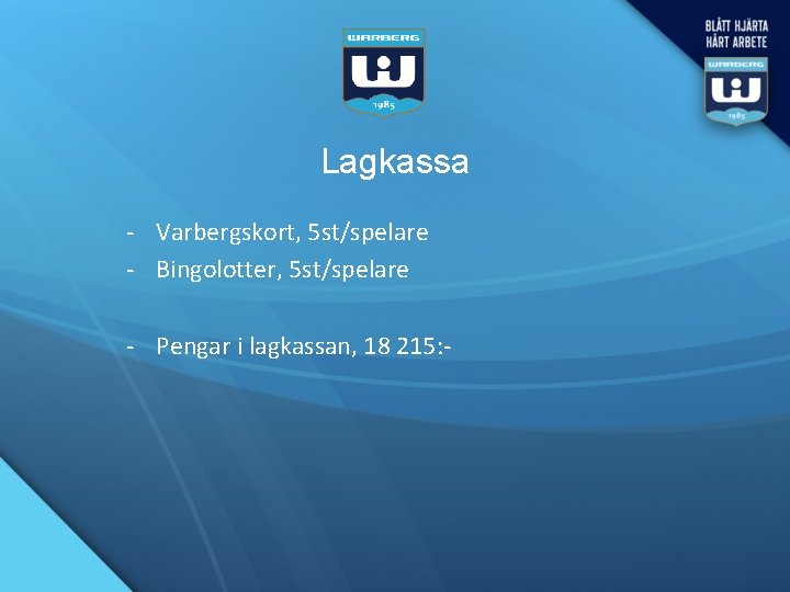 Lagkassa - Varbergskort, 5 st/spelare - Bingolotter, 5 st/spelare - Pengar i lagkassan, 18