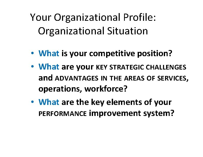 Your Organizational Profile: Organizational Situation • What is your competitive position? • What are