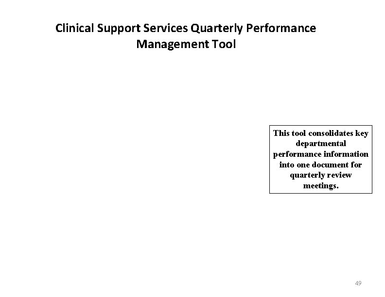 Clinical Support Services Quarterly Performance Management Tool This tool consolidates key departmental performance information Clinical Support Services Quarterly Performance Management Tool This tool consolidates key departmental performance information