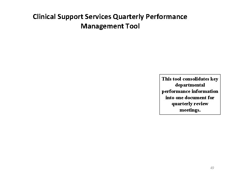 Clinical Support Services Quarterly Performance Management Tool This tool consolidates key departmental performance information