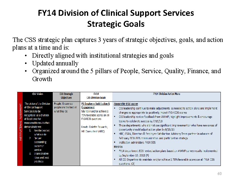 FY 14 Division of Clinical Support Services Strategic Goals The CSS strategic plan captures