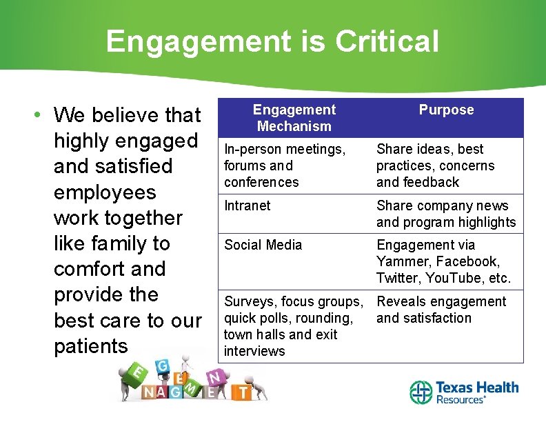 Engagement is Critical • We believe that highly engaged and satisfied employees work together