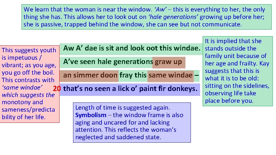 We learn that the woman is near the window. ‘Aw’ – this is everything