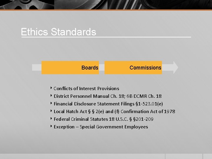 Ethics Standards Boards Commissions ‣ Conflicts of Interest Provisions ‣ District Personnel Manual Ch.