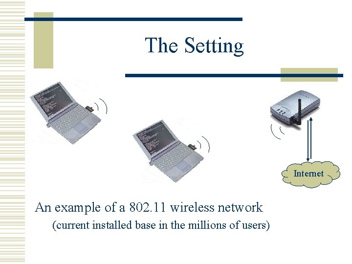 The Setting Internet An example of a 802. 11 wireless network (current installed base