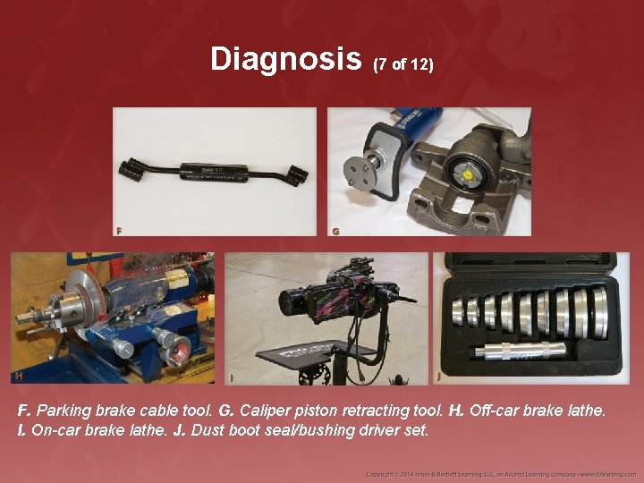 Diagnosis (7 of 12) F. Parking brake cable tool. G. Caliper piston retracting tool.