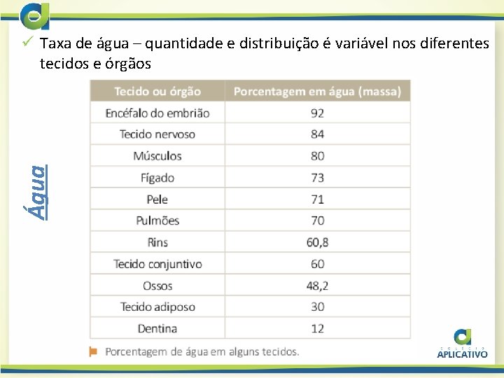 Água ü Taxa de água – quantidade e distribuição é variável nos diferentes tecidos