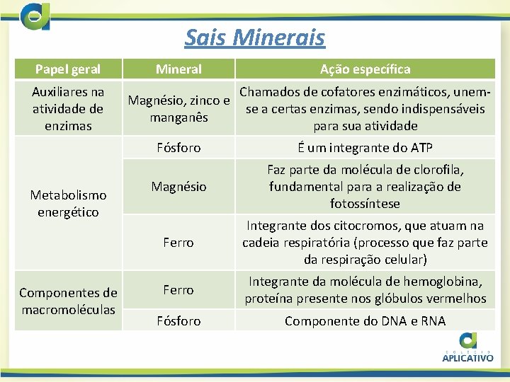 Sais Minerais Papel geral Auxiliares na atividade de enzimas Metabolismo energético Componentes de macromoléculas