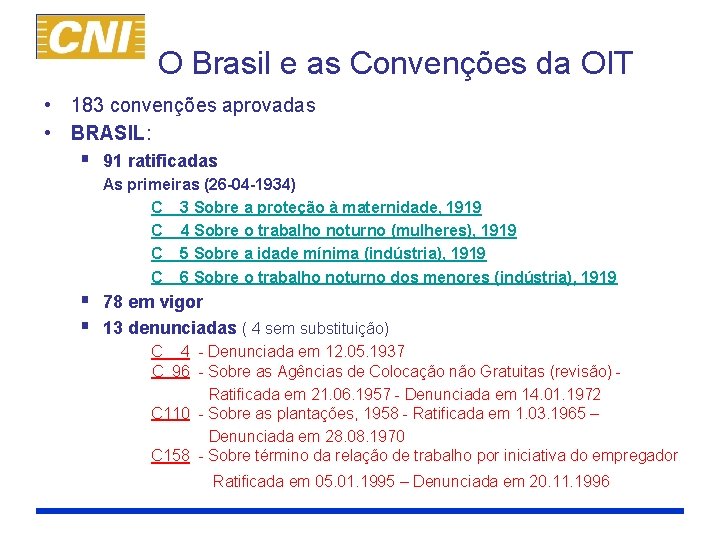 O Brasil e as Convenções da OIT • 183 convenções aprovadas • BRASIL: §