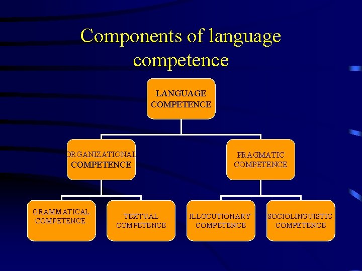 Components of language competence LANGUAGE COMPETENCE ORGANIZATIONAL COMPETENCE GRAMMATICAL COMPETENCE TEXTUAL COMPETENCE PRAGMATIC COMPETENCE