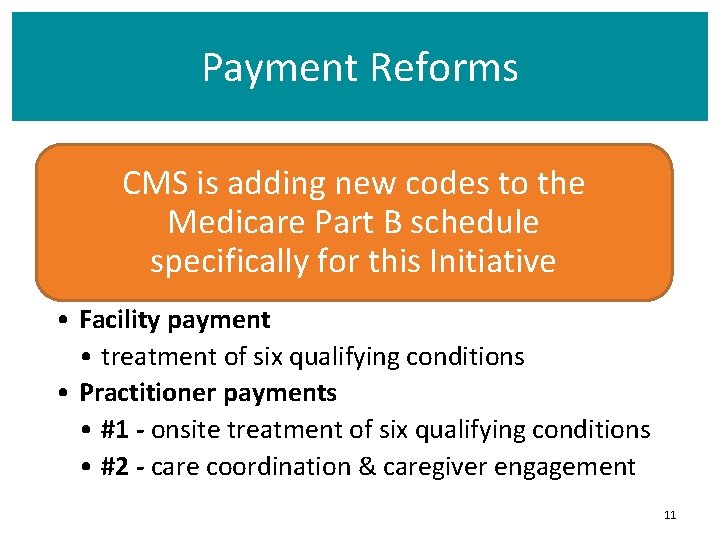 Payment Reforms CMS is adding new codes to the Medicare Part B schedule specifically