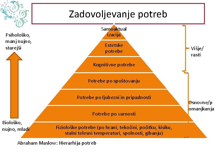 Zadovoljevanje potreb Samoaktual izacija Psihološko, manj nujno, starejši Estetske potrebe Višje/ rasti Kognitivne potrebe