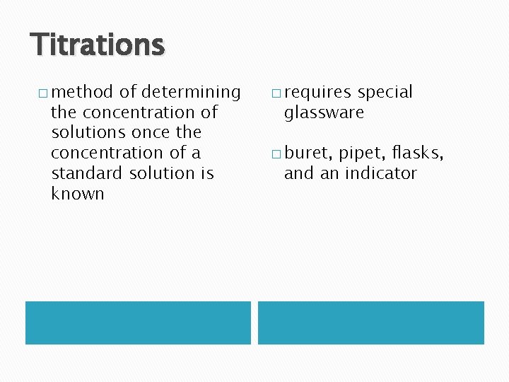 Titrations � method of determining the concentration of solutions once the concentration of a
