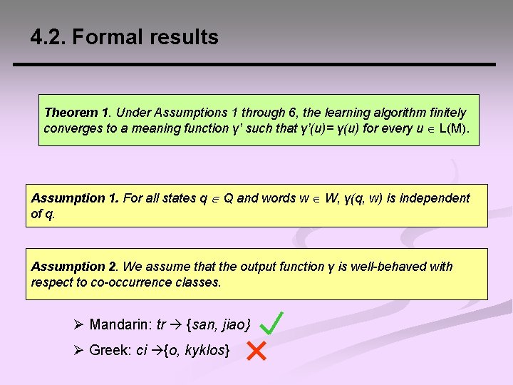 4. 2. Formal results Theorem 1. Under Assumptions 1 through 6, the learning algorithm