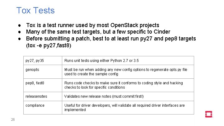 Tox Tests ● Tox is a test runner used by most Open. Stack projects