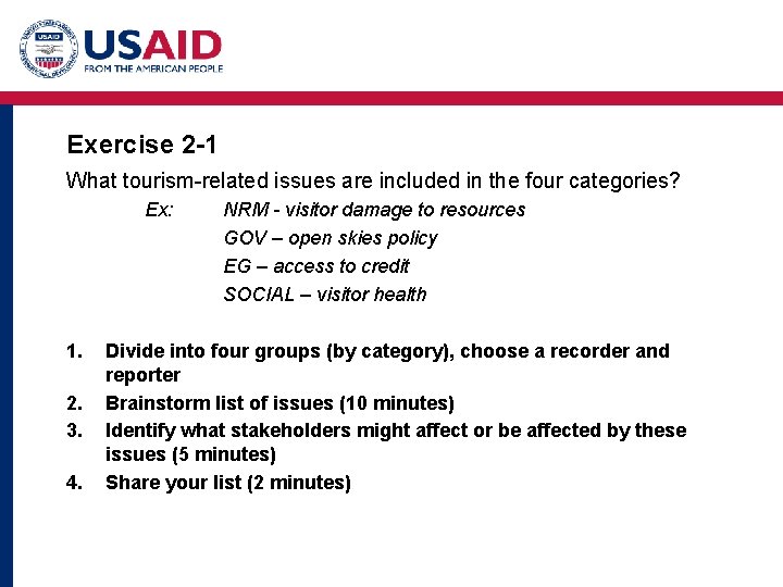 Exercise 2 -1 What tourism-related issues are included in the four categories? Ex: 1.