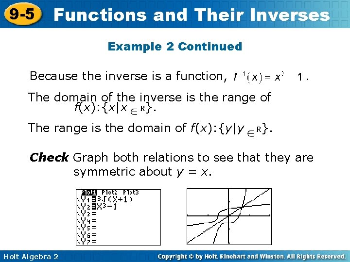 9 -5 Functions and Their Inverses Example 2 Continued Because the inverse is a