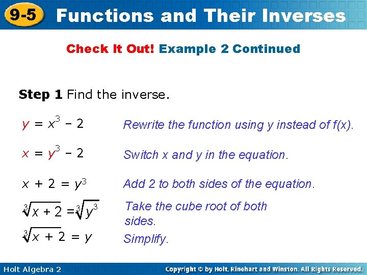 9 -5 Functions and Their Inverses Check It Out! Example 2 Continued Step 1