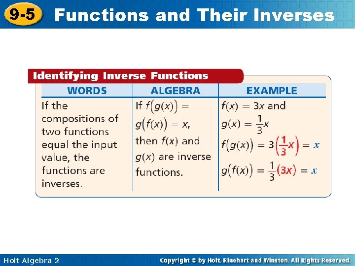 9 -5 Functions and Their Inverses Holt Algebra 2 