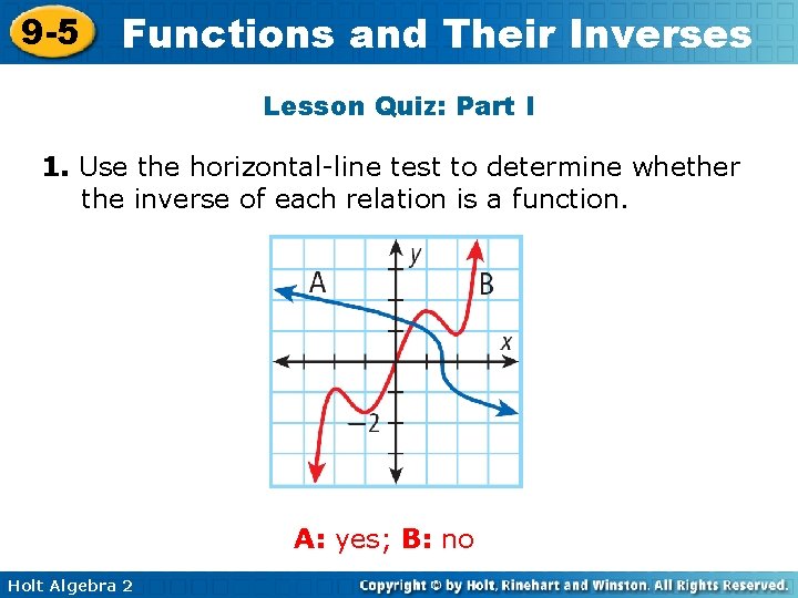 9 -5 Functions and Their Inverses Lesson Quiz: Part I 1. Use the horizontal-line