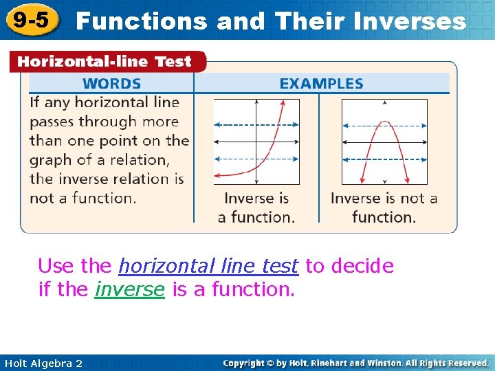 9 -5 Functions and Their Inverses Use the horizontal line test to decide if