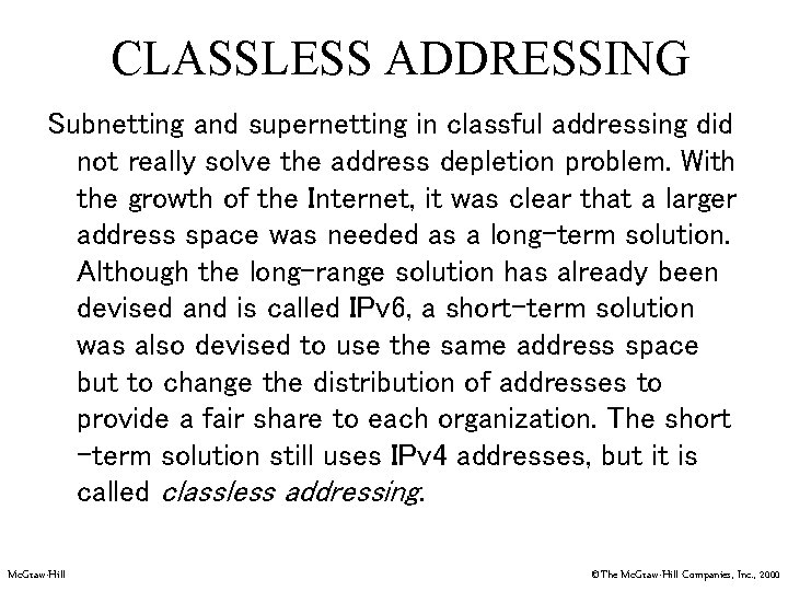 CLASSLESS ADDRESSING Subnetting and supernetting in classful addressing did not really solve the address