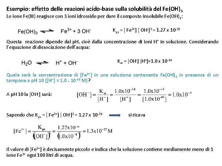 Esempio: effetto delle reazioni acido-base sulla solubilità del Fe(OH) 3 Lo ione Fe(III) reagisce