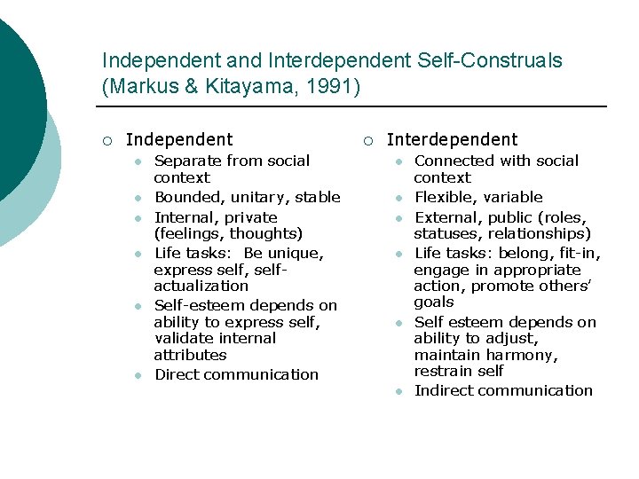 Independent and Interdependent Self-Construals (Markus & Kitayama, 1991) ¡ Independent l l l Separate