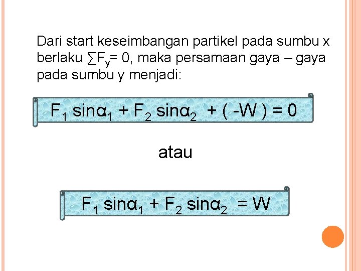 Dari start keseimbangan partikel pada sumbu x berlaku ∑Fy= 0, maka persamaan gaya –