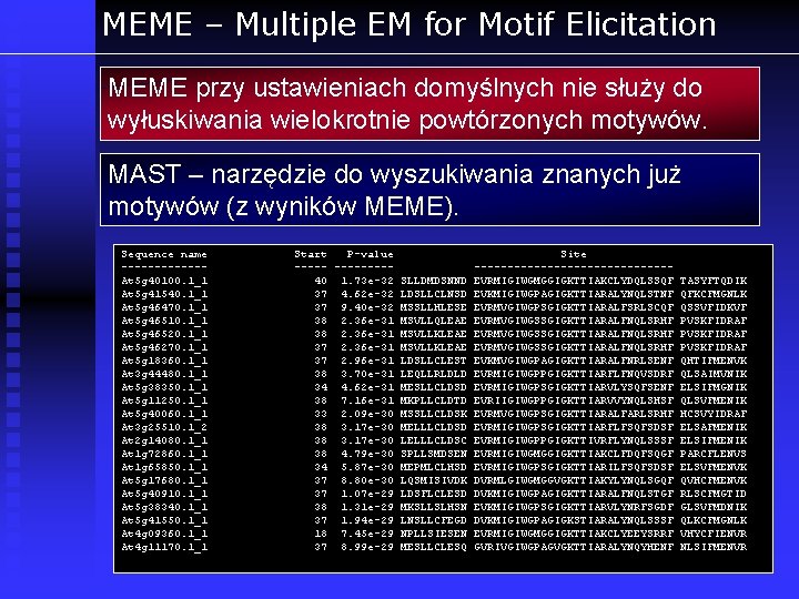 MEME – Multiple EM for Motif Elicitation MEME przy ustawieniach domyślnych nie służy do