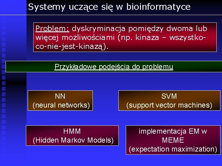 Systemy uczące się w bioinformatyce Problem: dyskryminacja pomiędzy dwoma lub więcej możliwościami (np. kinaza