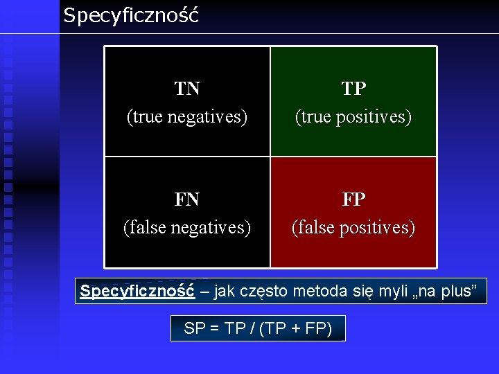 Specyficzność TN (true negatives) TP (true positives) FN (false negatives) FP (false positives) Specyficzność