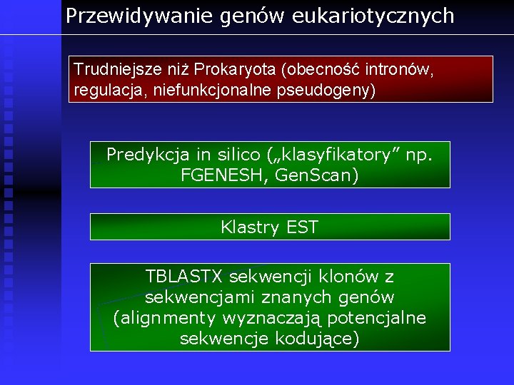 Przewidywanie genów eukariotycznych Trudniejsze niż Prokaryota (obecność intronów, regulacja, niefunkcjonalne pseudogeny) Predykcja in silico