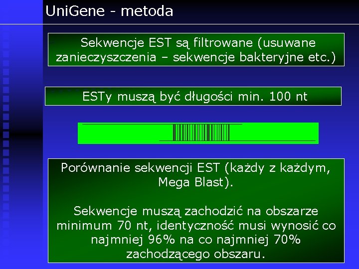 Uni. Gene - metoda Sekwencje EST są filtrowane (usuwane zanieczyszczenia – sekwencje bakteryjne etc.
